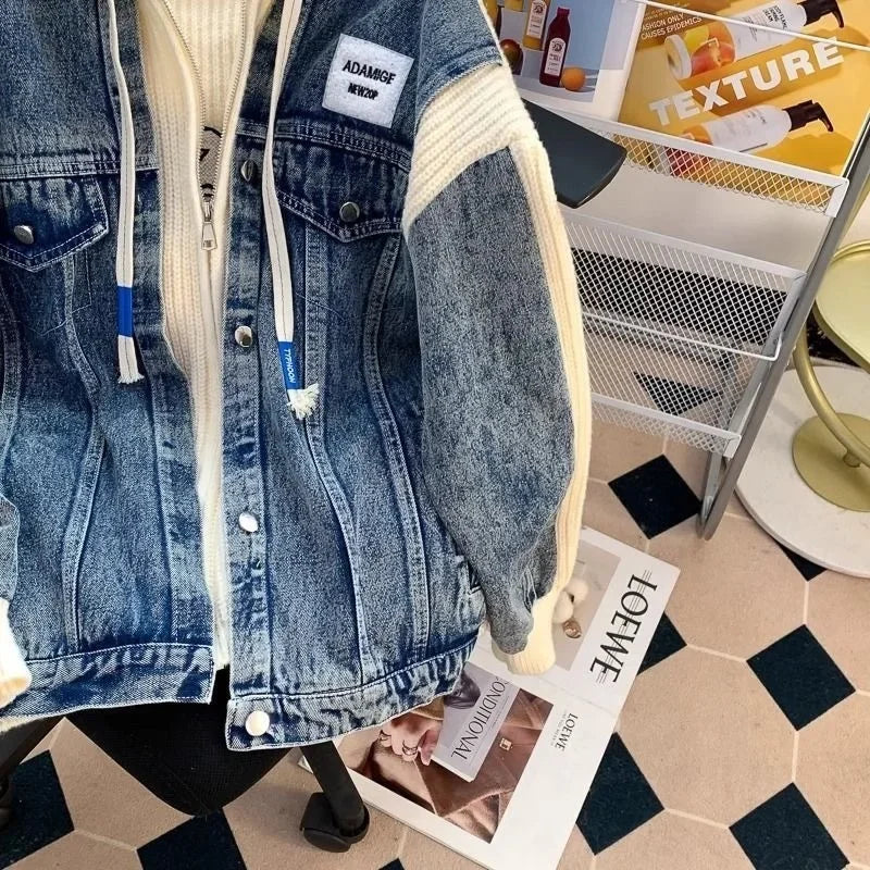 Loose Lazy Style Denim Patchwork Hoodie Outerwear Sweater Jacket Korean Version Casual Coat