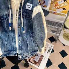 Loose Lazy Style Denim Patchwork Hoodie Outerwear Sweater Jacket Korean Version Casual Coat