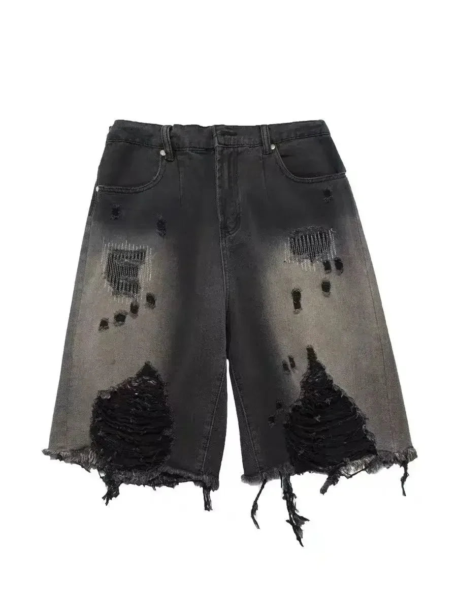 American High Street Washed Gradient Ripped Retro Old Size Denim Loose Shorts baggy jeans women