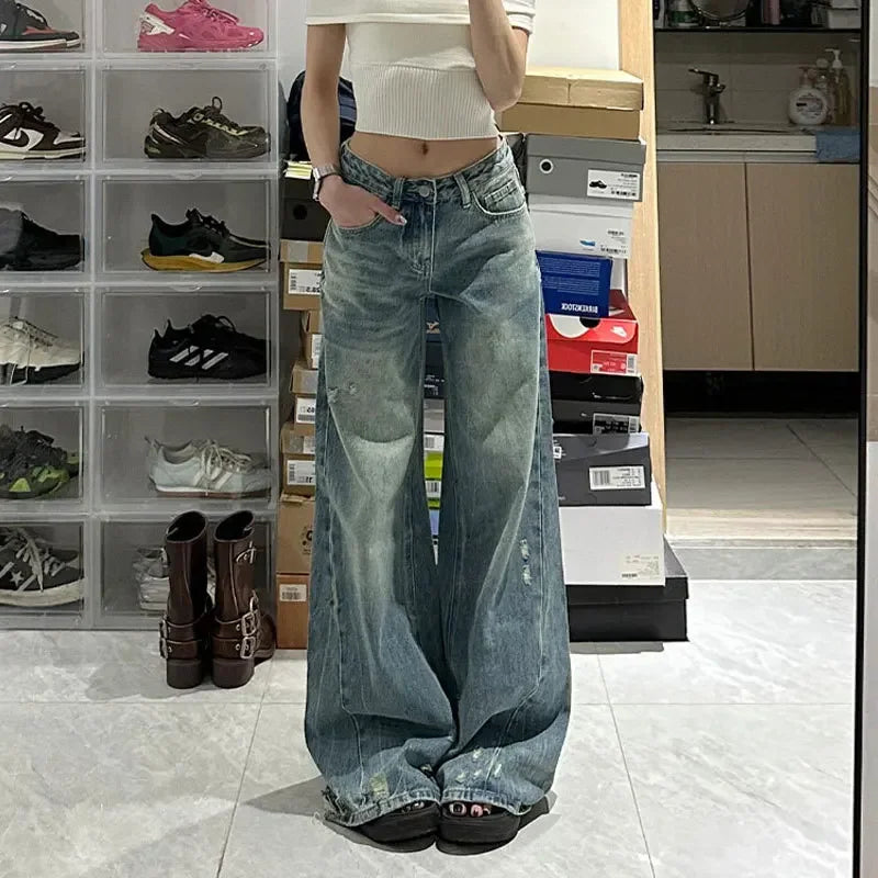 Plus Size Loose Straight Leg Jeans High Waist Wide Leg Long Trousers Bootcut Denim Pants Big Size Casual