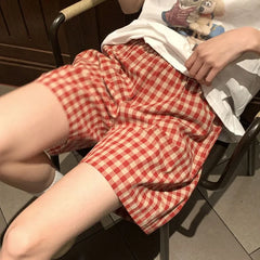 Loose Plaid Shorts Ins Style Shorts High Waist Slimming Wide Legs Casual Home Pants Outdoor Wearing Walking Shorts