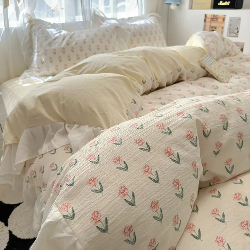 1.5/1.8 Korean Style 100% Cotton Fitted Sheet Sets with Lace Flower Print Bedding Set