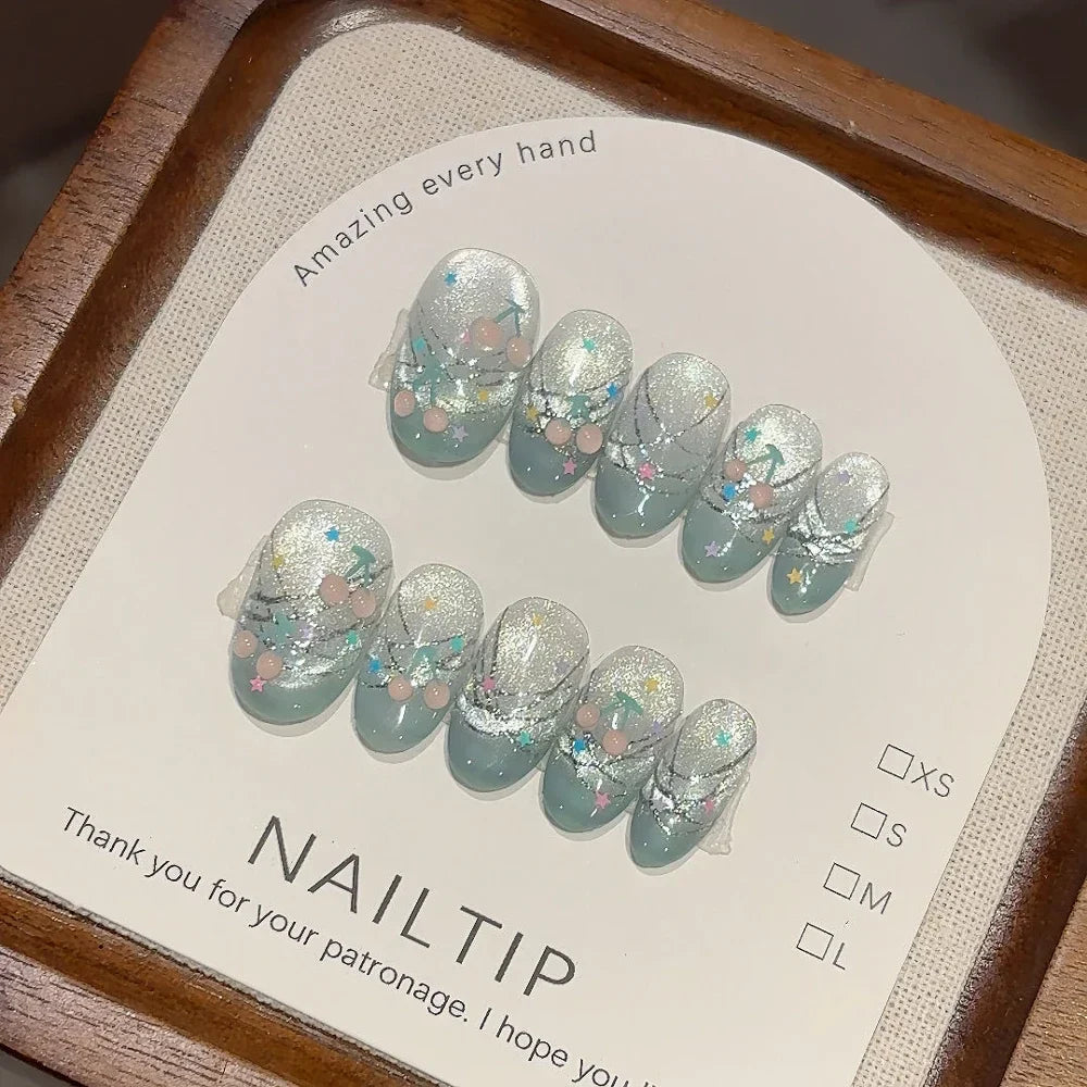 10Pcs Handmade Nude Color Press On Nails Sparkling Cat-Eye Cherry Star Marine Elements Sequins Cute Girlish Nail Suitable