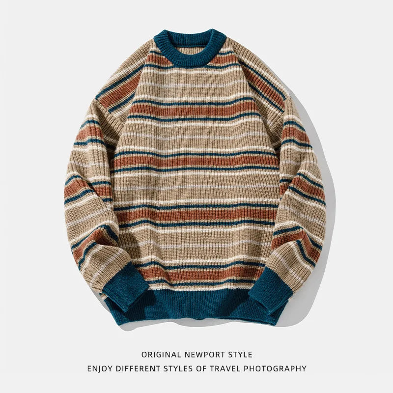 Vintage Striped Casual Trendy Loose O-neck Long Sleeve Knitted Sweaters Male Pullovers Tops