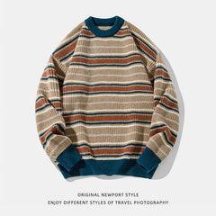 Vintage Striped Casual Trendy Loose O-neck Long Sleeve Knitted Sweaters Male Pullovers Tops