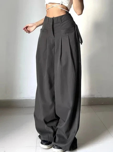 Black High Waist Wide Leg Suit Pants Pleated Front Side Tie Detail Loose Fit Casual Streetwear Trousers