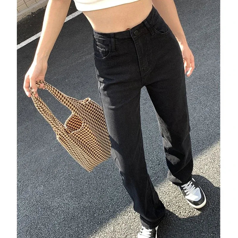 Korean High Waist Streetwear Straight Leg Jeans Girls Y2k Clothes Pants Black Baggy Harajuku Denim Trousers
