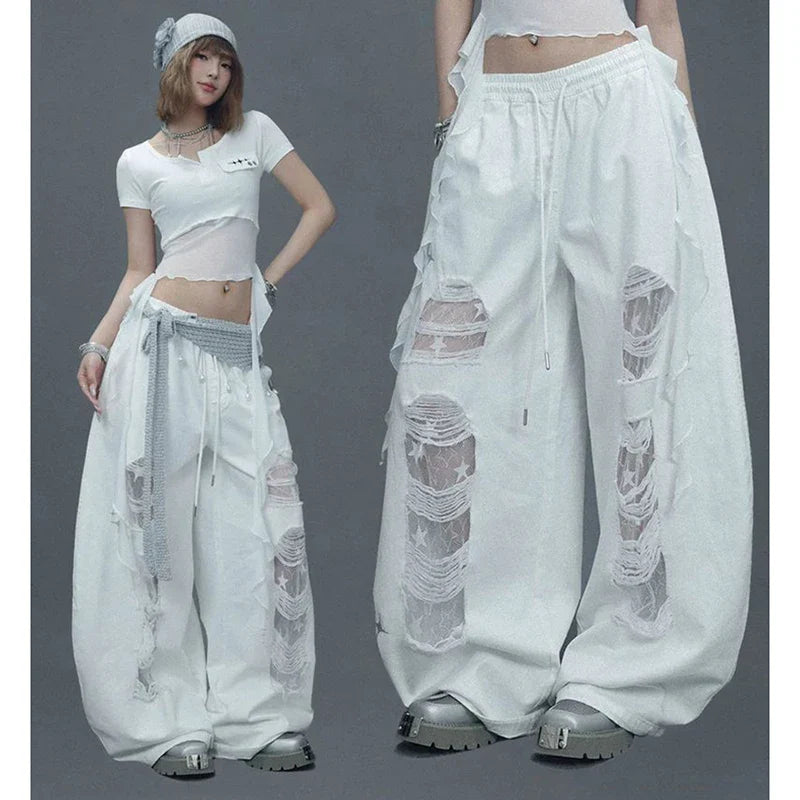 Street White Patchwork Ripped Pants Hiphop Lace Hollow Out Sheer Wide Leg Pants American Vintage Loose Casual Lazy Jazz Trousers