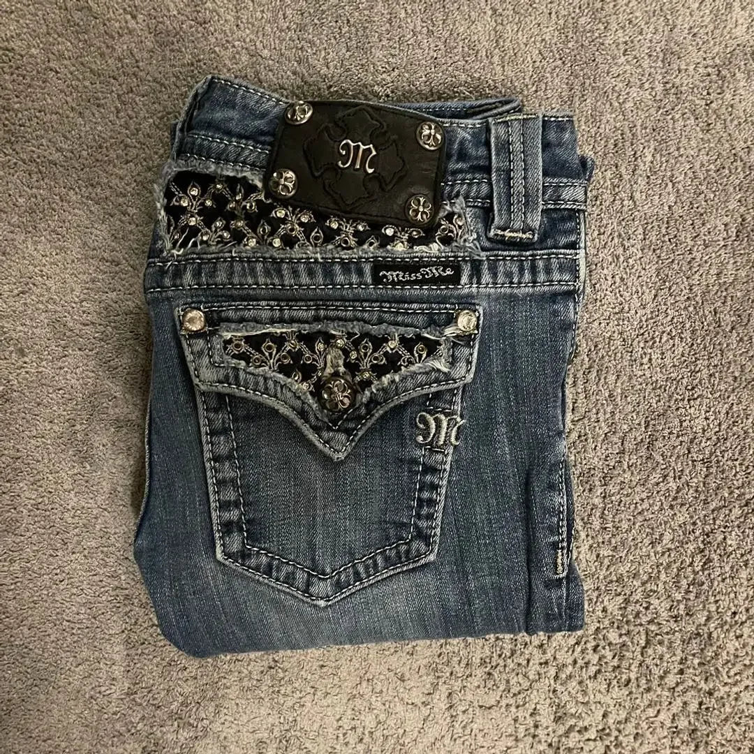 American Y2k Gothic Punk Pocket Embroidered Jeans Harajuku Retro Blue Loose Jeansable High Waist Slimming Wide Leg Pants
