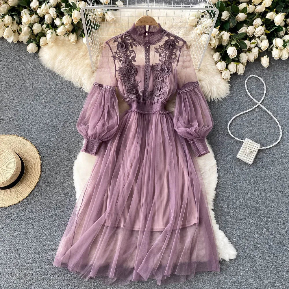 Ladies Dress Three-dimensional Flower Hook Mesh Temperament Stand Collar Lantern Sleeve High Waist Slim Dresses