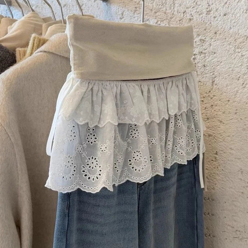 Korean Lace Irregular Skirt Curtain White Flowers Lace Mesh Halfbody Skirt Bottoms Jeans Decorative Hemline