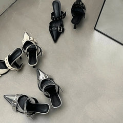 Pointed Belt Buckle Thin Heel Belt Buckle Single Shoes Baotou Silver Back Empty High-heeled Sandals