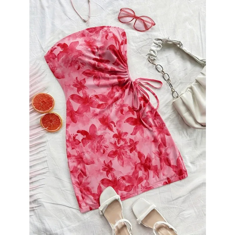 Floral Print Tube Mini Dress Strapless Backless Party Club Short Ruched Drawstring Bodycon Party Dresses Streetwear