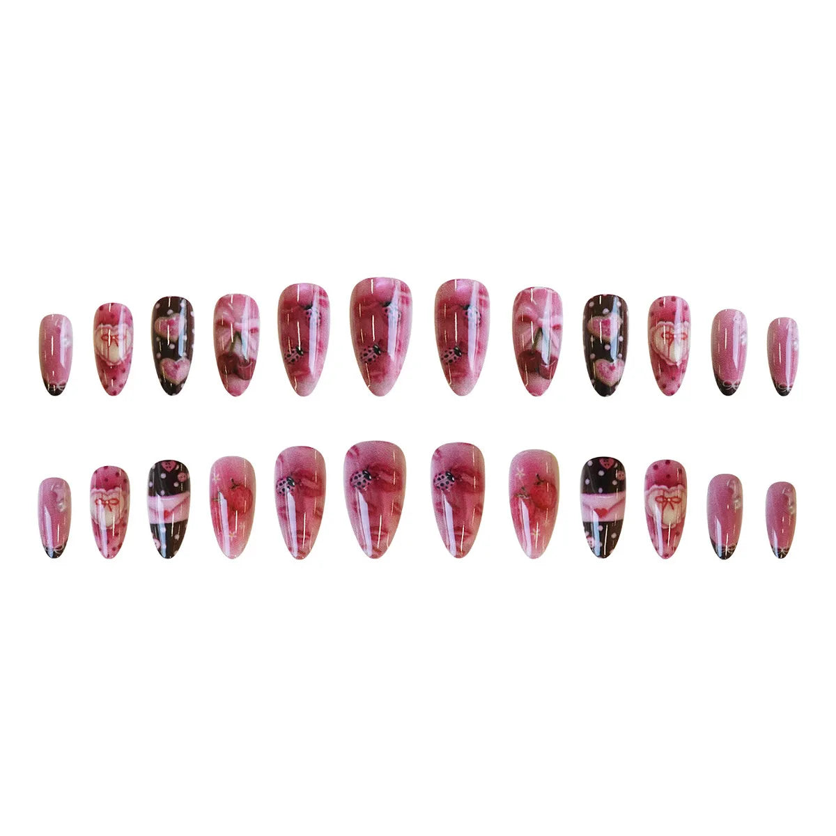24pcs Sweet Letter Press On Nails Cute Cherry Bowknots Ladybug Strawberry Decor False Nails Blush Pink Almond Fake Nail