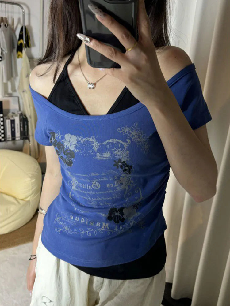 Vintage Fake Two Piece Halter Lace Up T-shirts Y2k Slim Fit Print Tops Off Shoulder Short Sleeve Tee Shirt