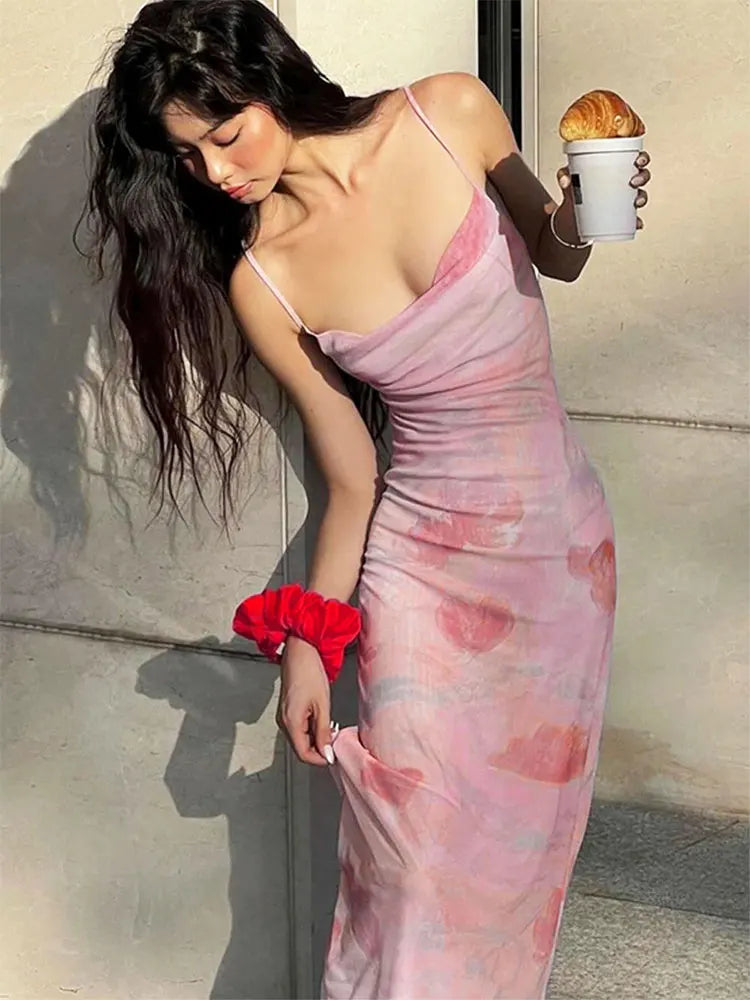 Pink Sweet Dresses Mesh Dresses Streetwear Print Dress Sleeveless V-Neck Elegant Knitted Clothing