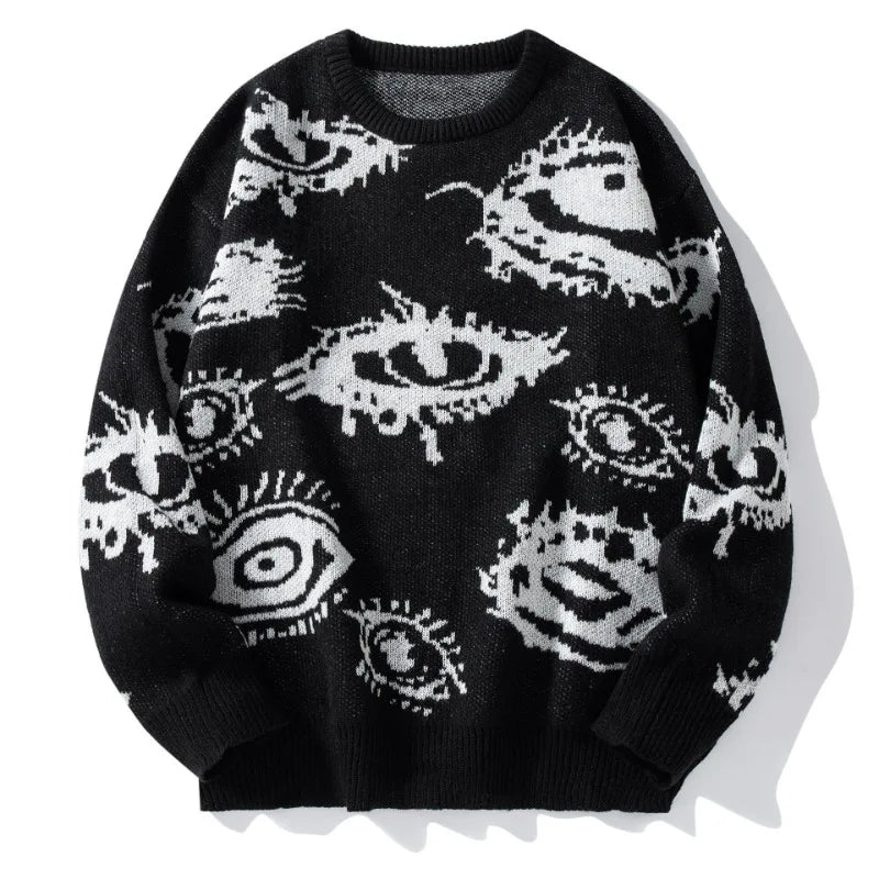 American Round Neck Long-sleeved Loose Sweater Sweater Jacquard Eye Pattern Hip Hop Casual Couple Pullover