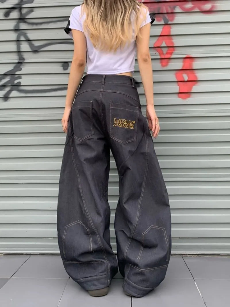 American Letter Embroidery Stitching Old Baggy Jeans Y2K Harajuku High Waist Wide Leg Trousers