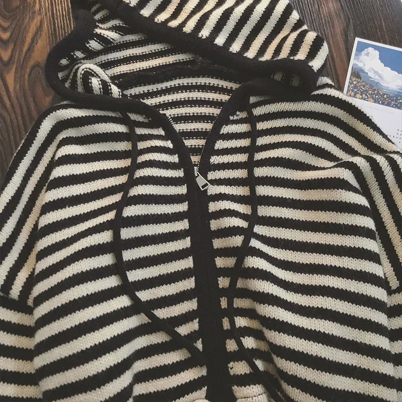 Contrast Color Stripe Hood Knit Cardigan Women