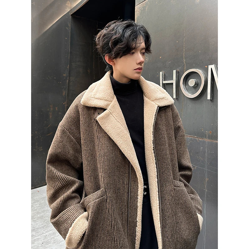 Berber Fleece Jacket Parka Coats Multi-pockets Stand Collar Casual Thick Warm Jacket Man Khaki/Dark Gray