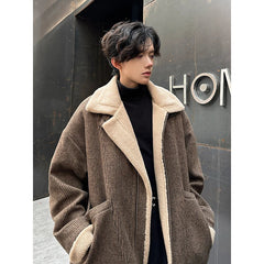 Berber Fleece Jacket Parka Coats Multi-pockets Stand Collar Casual Thick Warm Jacket Man Khaki/Dark Gray