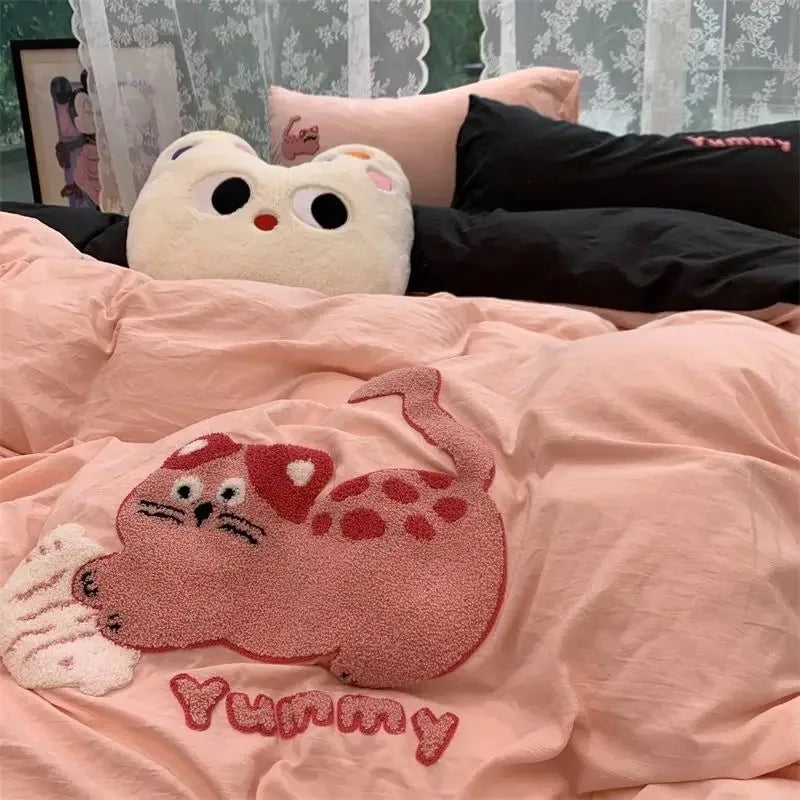 Korean Style Bedding Set Green Strip Black Cat Embroidery Washed Cotton Duvet Cover Cute Cardboard Bed linen Comforter Sets