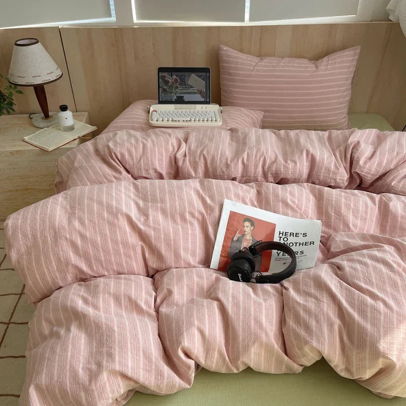 1pc Korean Cotton Pink Stripes Duvet Cover 150x200 Size Girl's Room housse de couette Skin friendly Breathable Comforter Sets
