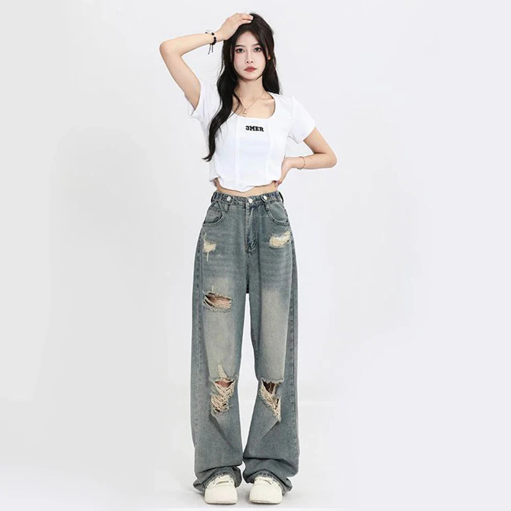 American Vintage Hole Y2k Jeans High Waist Jeans Wide Leg Baggy Loose Straight Hip Hop Streetwear Dragging Denim Pants