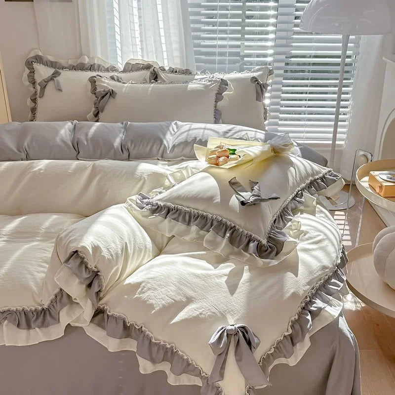 Green Princess Bedding Set Double Layer Lace Bow Quilt Cover Sheet