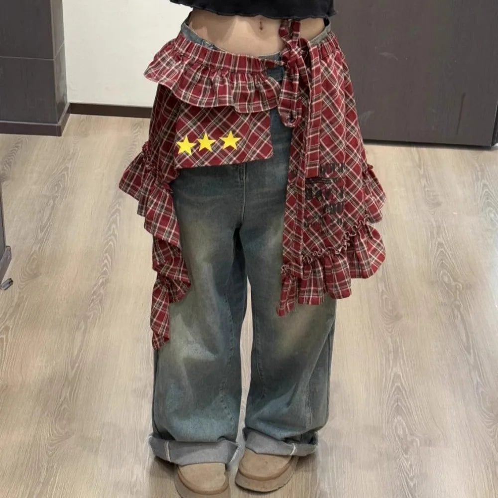Star Layer Outfits Plaid Skirt Hip-hop Shirt Extender Lace Up Hip Scarf Y2K Korean Style Ruffled Edge Waistband