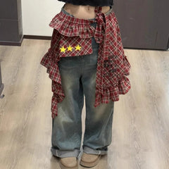 Star Layer Outfits Plaid Skirt Hip-hop Shirt Extender Lace Up Hip Scarf Y2K Korean Style Ruffled Edge Waistband