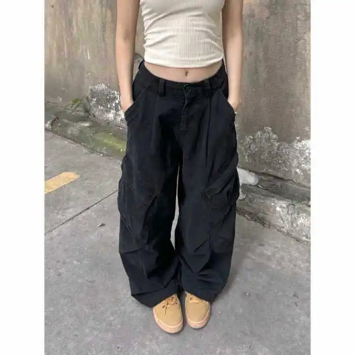 Washed Cotton Cargo Pants Loose Wide Leg Street Dance Long Trousers Multi Pocket Workwear High Waist Casual Pants