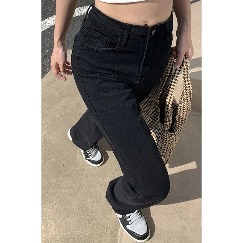 Korean High Waist Streetwear Straight Leg Jeans Girls Y2k Clothes Pants Black Baggy Harajuku Denim Trousers