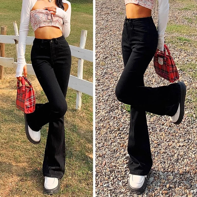 Elastic High Waist Bell Bottom Jeans High Street Designer Flare Pants Lady Blue Black Gothic Denim Trousers