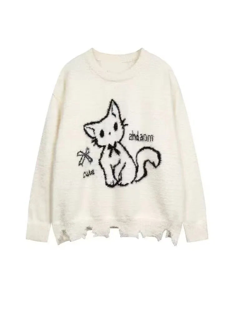 American Green Bow Neck Sweater Loose Print Pattern Vintage High Street Lazy Wind Knitted Sweater