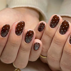 Dark Brown White Polka Dot Wearable Nail Art Fall Chic Fake Nails Detachable Finished False Nails Press on Nails