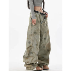 Graffiti Blue Jeans Y2K Vintage High Waisted Jeans Straight Streetwear Loose Large Wide Leg Denim Pants
