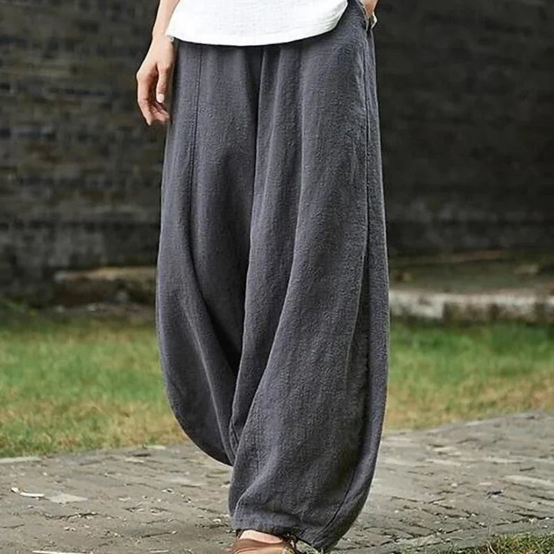 Cotton Linen Bloomers Wide Leg Pants Vintage Full Length Elegent Pants Solid Elasitic Waist 5XL