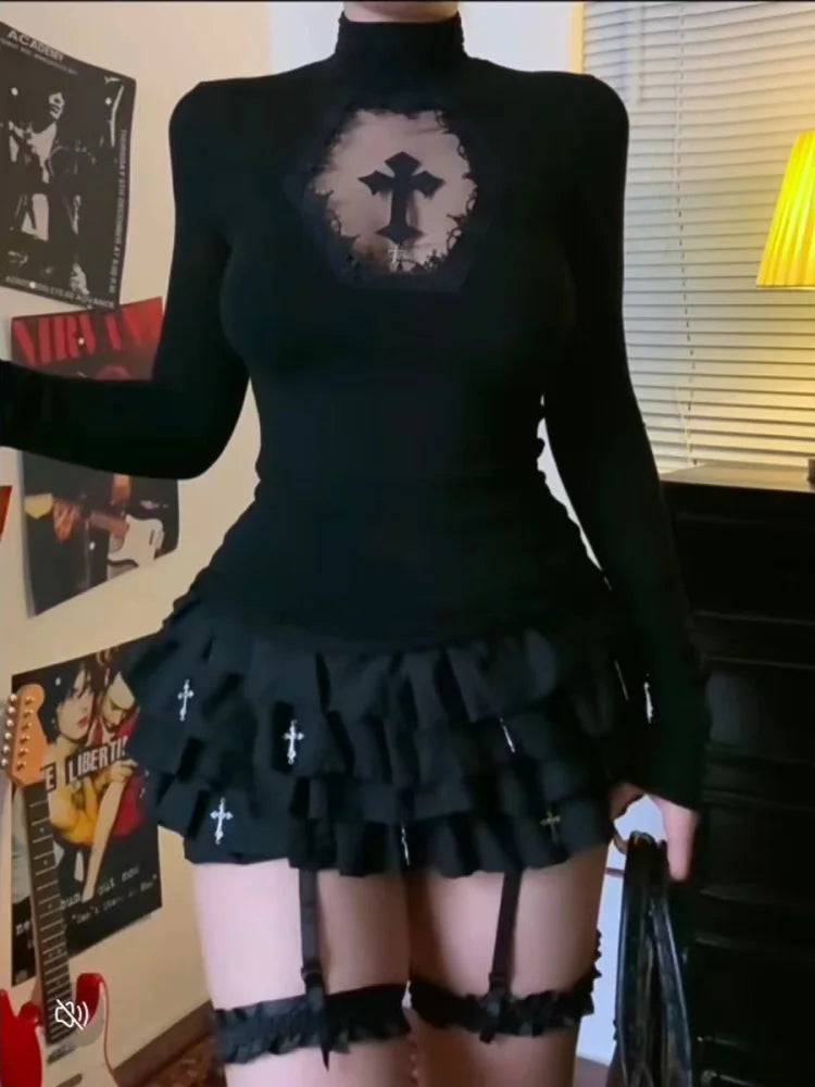 Turtleneck Top Y2k Clothes Black Gothic Cross Hollow Slimming Bottom T Shirt