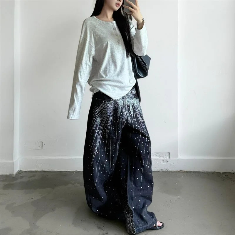 High Street Denim Pants Retro Full Diamond Stamping Hip-hop Loose Straight Leg Wide Leg Streetwear Jeans