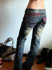 Y2k Vintage Embroidered Low Waist Jeans Blue Jeans Embroidered Diamonds Pocket Hip Hop Streetwear Harajuku Gothic Wide Pants