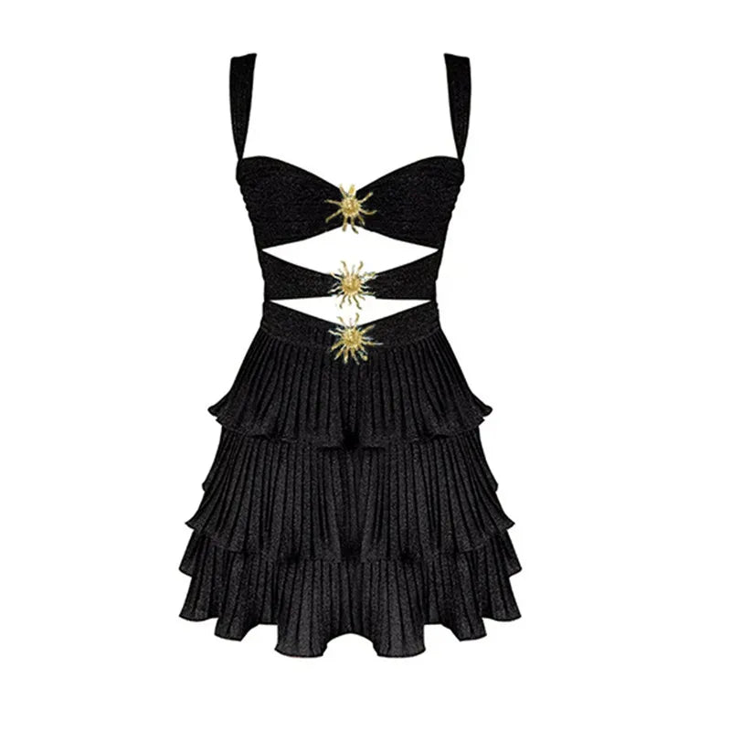 hirigin Sequin Starfish Mini Dress Spaghetti Strap Cut Out Layered Ruffle Dress Sparkly Y2k Short Cami Dress Party