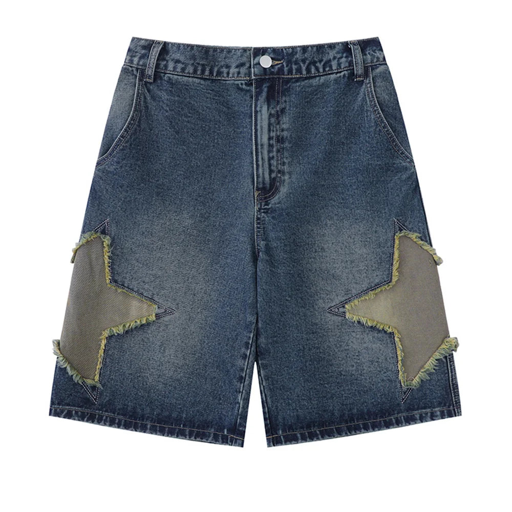 Star Patch Denim Shorts BF Style Loose Versatile Wide Leg Half Pants High Waisted Straight Leg Pants