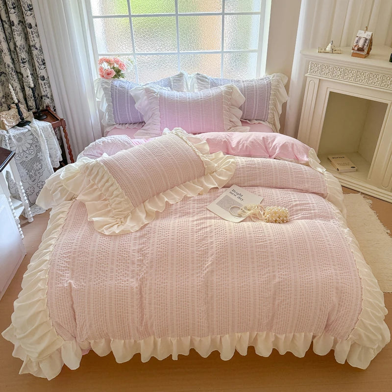 Pink Korean Princess Style Lace Ruffles Bedding Set Skin-friendly Seersucker Duvet Cover Set Fitted Sheet/Bed Sheet Pillowcases