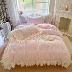 Pink Korean Princess Style Lace Ruffles Bedding Set Skin-friendly Seersucker Duvet Cover Set Fitted Sheet/Bed Sheet Pillowcases