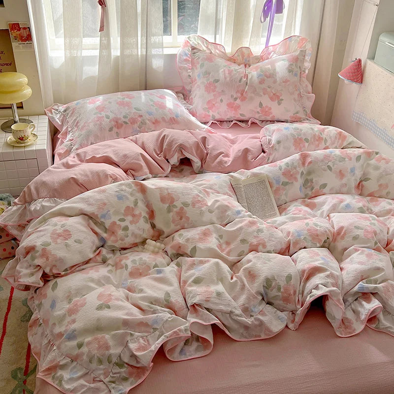 Ruffles Bedding Set Floral Style Duvet Cover Pillowcase with Bedsheet Skin-friendly Bed Linen Set Girls Room Bedclothes 이불세트