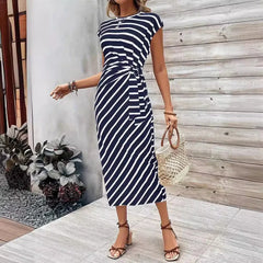 Elegant Waist Tie Striped Round Neck Short Sleeves Long Dress High-End Feel Clothing Skirt