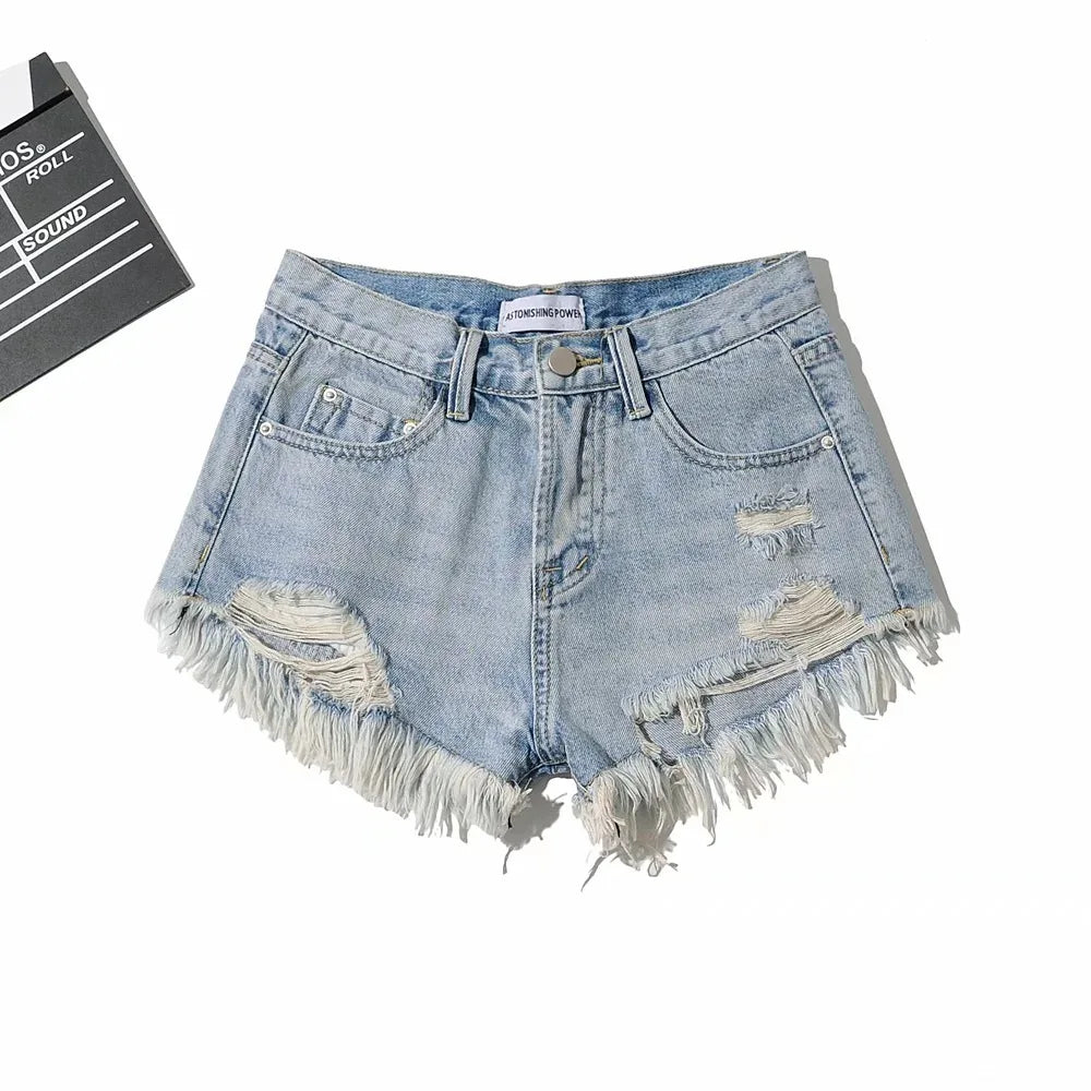 Shorts Denim Washed Jean High Waist Hole Spliced Slim Fit Jeans Casual Pockets Short Straight Pants