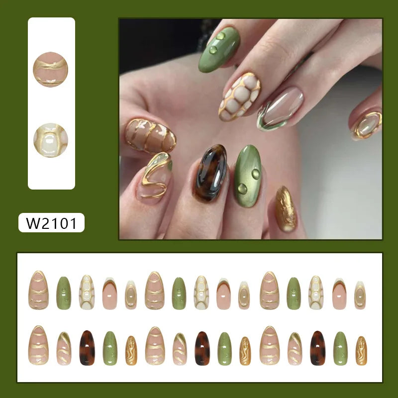 24pcs False Nails Glossy Green Almond Fake Nail Tips Wearable Detachable Flower Print Press on Nails