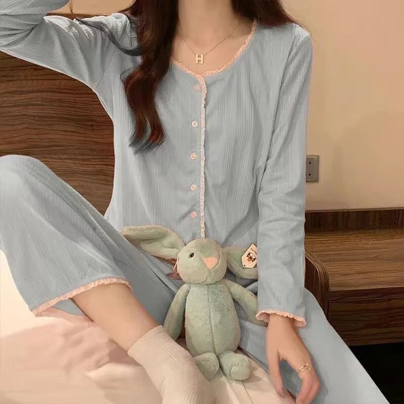 Floral Long Sleeve Fitting Sleepwear Two-piece Set Lace Trim Cotton Pajama Cute Casual Outable Home Suit Set